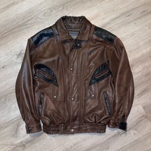 Men's Brown Leather Bomber Jacket with Black Trim